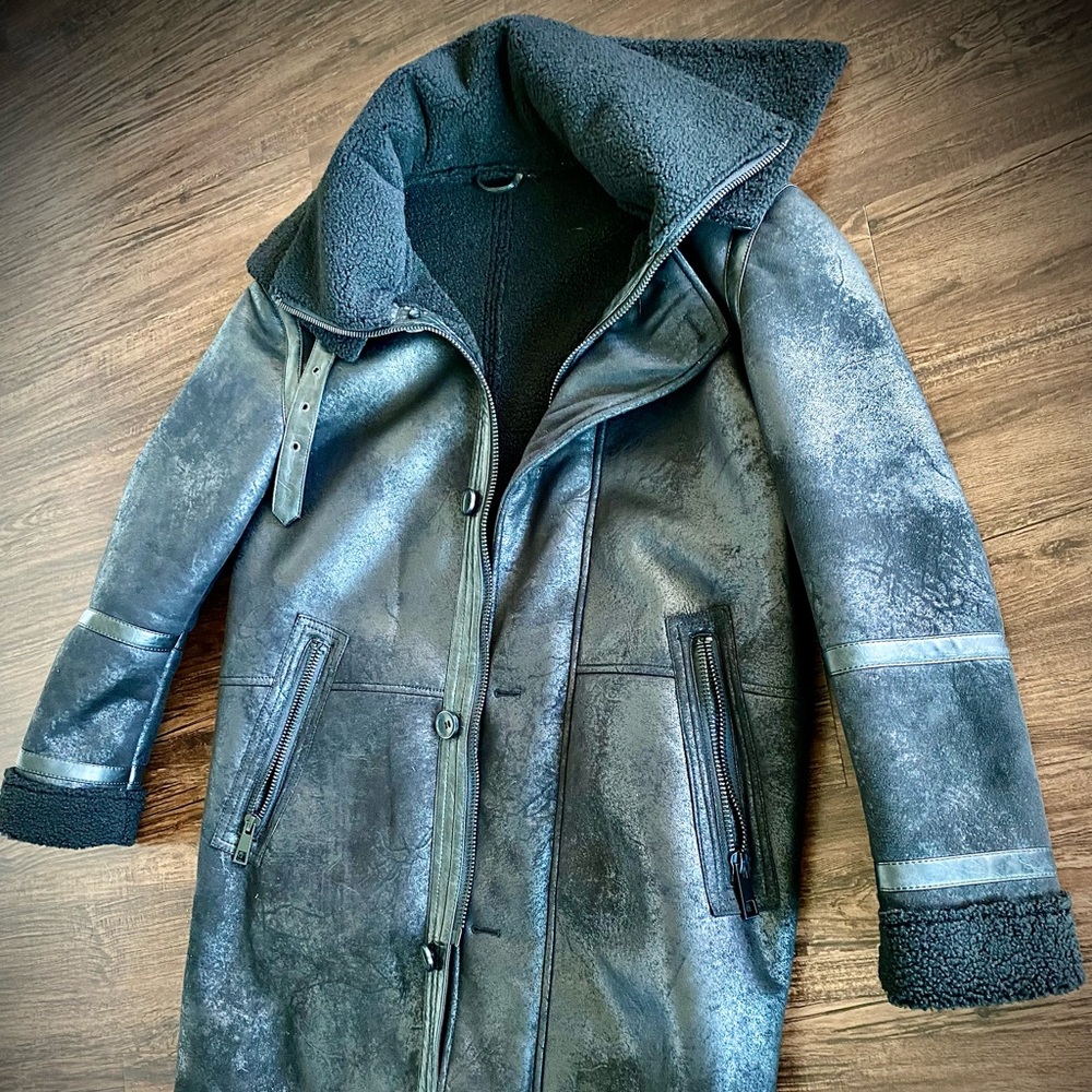 ZARA Mens Aviator Shearling Jacket Black Medium